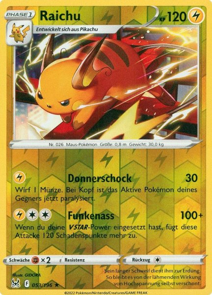 Verlorener Ursprung - 053/196 - Raichu - Rare - Reverse Holo